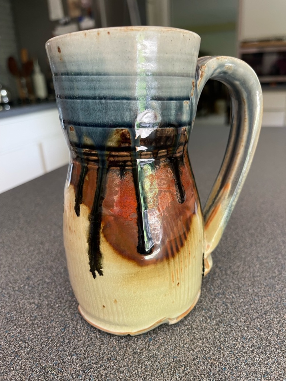 Handcrafted Multicolor Ceramic Art Mug - Blue, Brown & Cream 16 oz Nice handle